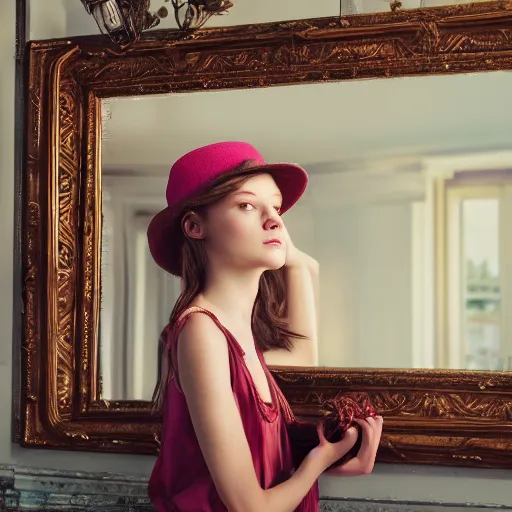 Image similar to an old hat is brushing her hair in front of an ornate mirror, the reflection is of a beautiful young girl, hyper detailed, 4 k octane render