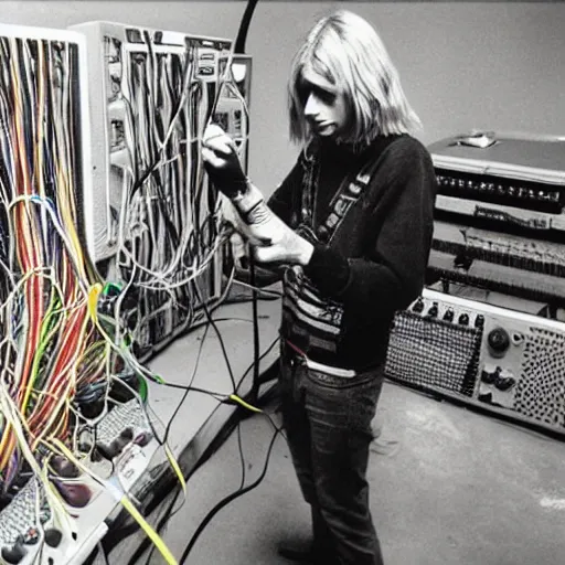 Image similar to kurt cobain playing a modular synthesizer with colorful wires