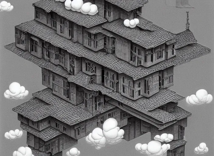 Image similar to a house built on a cloud, painting by mc escher, very detailed, illusion, surreal!!!, trending on artstation, beautiful color art