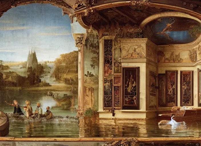 Image similar to a renaissance castle room flooded with water, a robot is sitting in a small boat in the room fishing,