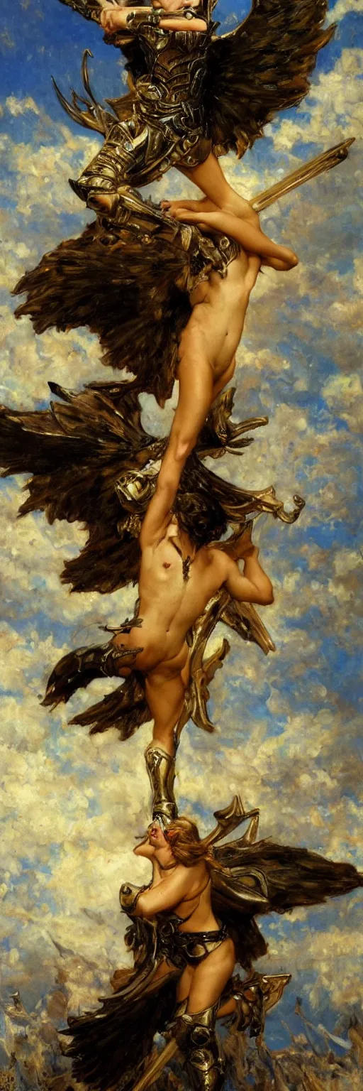 Image similar to a nymph wearing a black armor floating in the sky ready to fight angels, extremely realistic and highly detailed painting by gaston bussiere and j. c. leyendecker 8 k