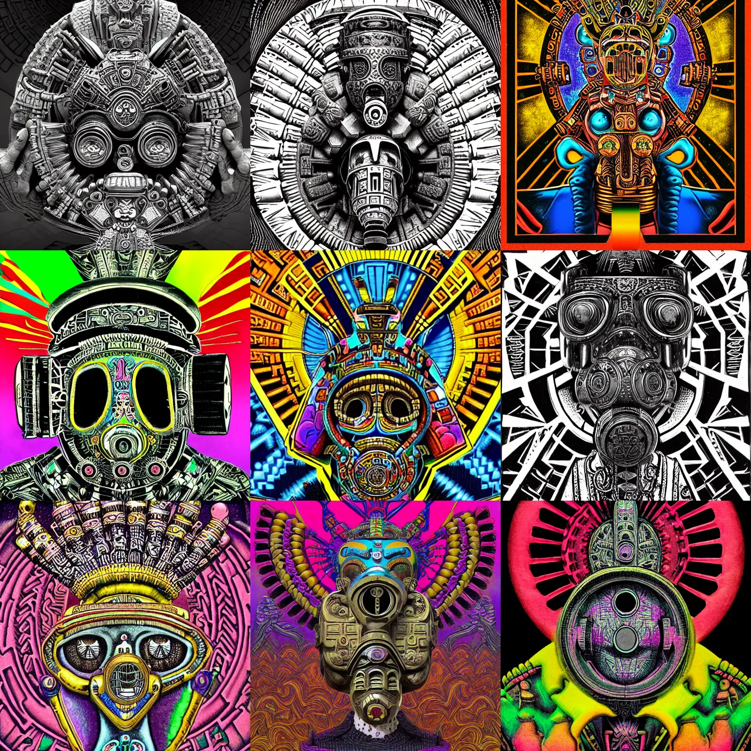 Prompt: a detailed image of an aztec deity wearing an ornate cyberdelic gas mask in the style of escher and william blake and stephen gammell in the style of dark fantasy, vivid colors, cmyk color scheme, low contrast, tilt shift, 8 k