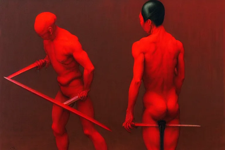 Image similar to only with red, a red samurai do seppuku, tokio, a lot of frogs watch, in the style of beksinski, parts by edward hopper, parts by rodcenko, parts by yue minjun, intricate and epic composition, red by caravaggio, insanely quality, highly detailed, masterpiece, red light, artstation, 4 k