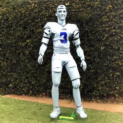 Image similar to “ a realistic detailed photo of a guy who is an attractive humanoid who is half robot and half humanoid, who is a male android, football player christian mccaffrey, shiny skin, posing like a statue, blank stare, on the field, on display ”