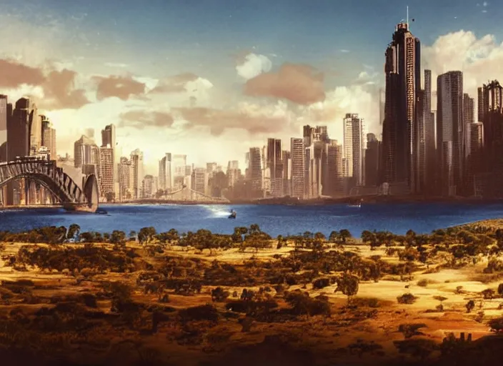 Prompt: australia in the far future, cinematic matte painting