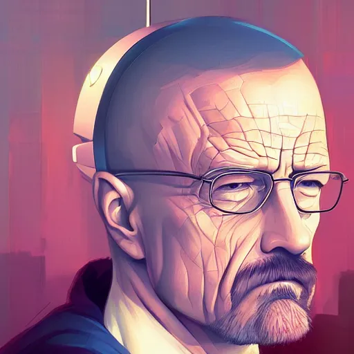 Image similar to high quality illustration, walter white realistic portrait, cyberpunk colors, vaporwave, retro, neotrad, lois van baarle, moebius, digital painting, james jean