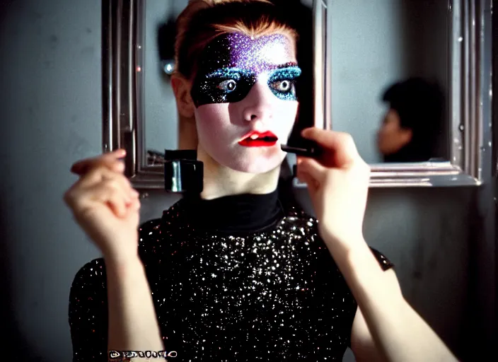 Prompt: cinestill 5 0 d candid photographic portrait by stanley kubrick of a beautiful feminine man wearing black techwear skirt and glitter makeup looking in a broken bathroom mirror, cramped new york apartment, medium shot, retrofuturism cyberpunk cinematic, 8 k, hd, high resolution, 3 5 mm, f / 3 2, ultra realistic faces, intricate detail, clockwork orange