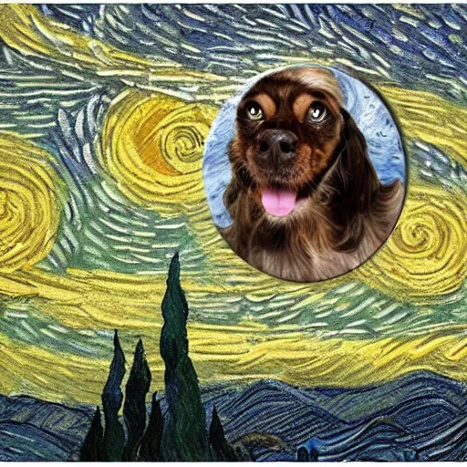 Prompt: a detailed digital matte painting of a celestial field spaniel in space, in the art style of Vincent van Gogh, visionary, masterpiece