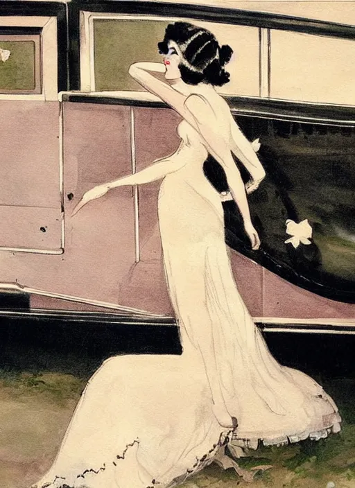 Prompt: a painting of a woman posing in front of a 1920's limo by Louis Icart, highly detailed, masterpiece, trending on ArtStation, ultra realistic