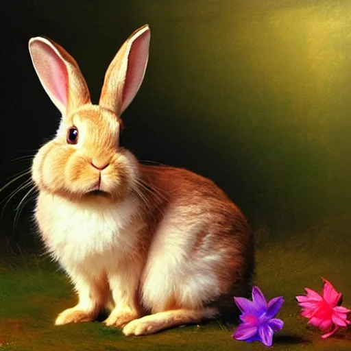 Prompt: The rabbit in the picture looks cute and playful. It has big, fluffy ears and a long, furry tail. Its fur is a light brown color, and its eyes are a bright blue. The background of the picture is a gentle green, and there are flowers blooming around the rabbit. painted by Gabriel Dawe