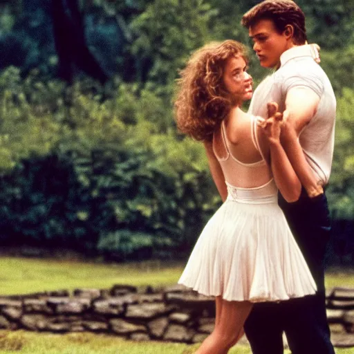 Prompt: dirty dancing poster with young arnold schwarzenegger dancing with jennifer lawrence in the rain, beautiful white wet dress, 5 0 mm cinema shot, beautiful light, best lense, 9 0 s romantic movie, 4 k