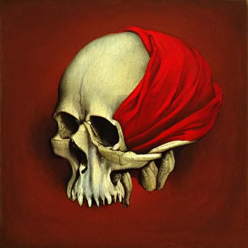 Prompt: Classical Painting of Nessie Skull on a dark red cloth with light