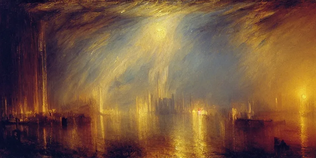 Prompt: Cyberspace landscape, oil painting by J.M.W. Turner, museum quality