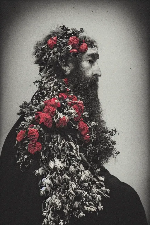Prompt: a man's face in profile, long beard, made of flowers and fruit, in the style of the Dutch masters and Alec Soth, dark and moody