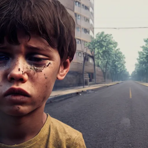 Image similar to boy standing wearing dirty clothes in the middle of the road. ruins of war around. the boy crying. symmetric, hands, face, fingers, photorealistic, hyperrealistic, cinematic, artstation, octane render, 8 k