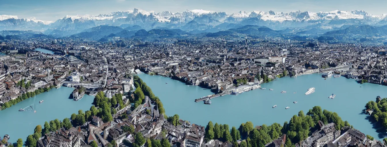 Prompt: Photo of Zurich, looking down the Limmat and the lake and the alps, wide angle, volumetric light, hyperdetailed, light blue water, artstation, cgsociety, 8k