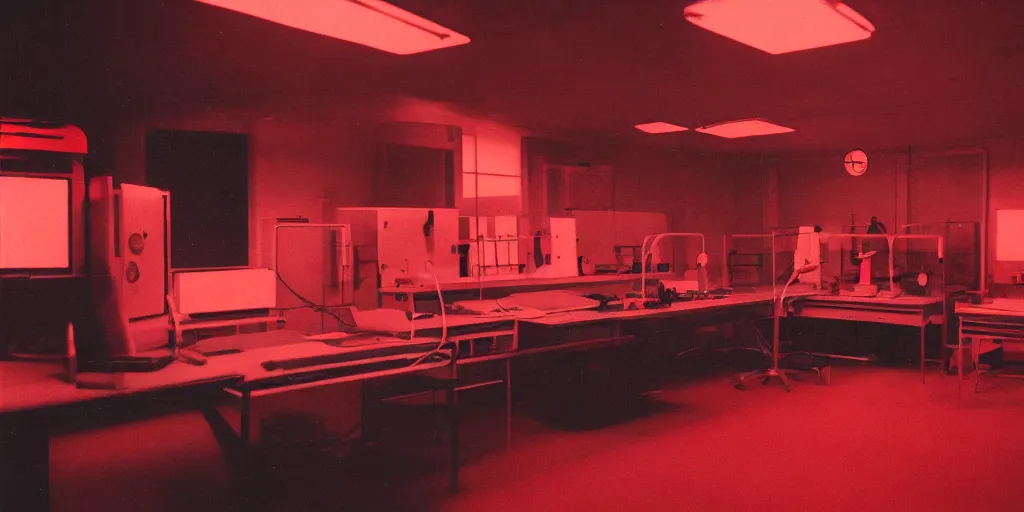 Image similar to noisy color photograph of a retrofuturist liminal space, laboratory, red lights, minimalist, cinematic, soft vintage glow