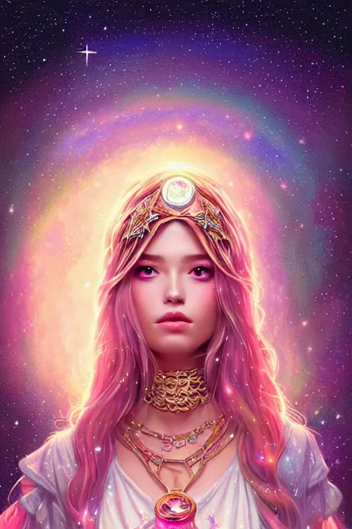 Prompt: charming and miracle female luxury astromancer in the starry sky, boho channel accessories, star sparkles, sharp focus, d & d, epic retrowave art, masterpiece, trending on art station, fantasy, digital painting, highly detailed, 8 k realistic, dof, art by artgerm, greg rutkowski, sasoura, satchely, no distorsion
