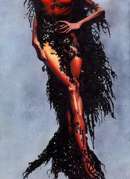 Prompt: seventies horror actress, sequinned dress, dark night, strong line, deep color, beautiful! coherent! by brom, by frank frazetta,