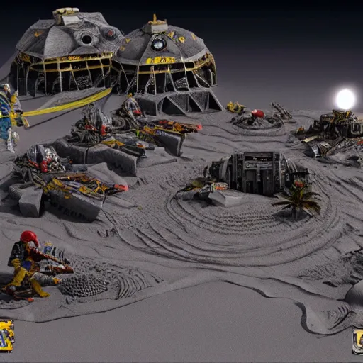 Image similar to 1:16 scale miniature diorama of Warhammer 4K space@marines building a sandcastle in the desert, 3D rendered, unreal engine