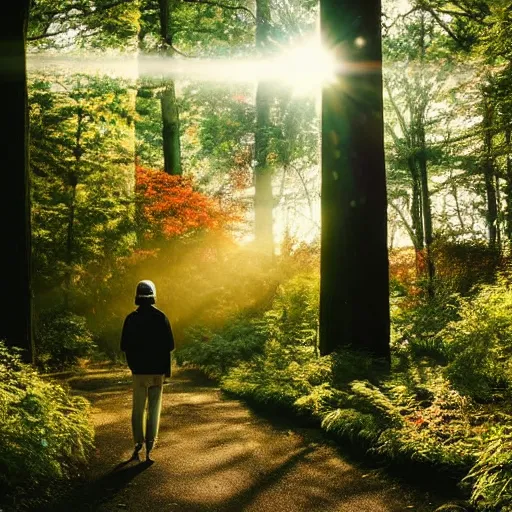 Image similar to 1 9 9 0 s candid 3 5 mm photo of a beautiful forest in tokyo, cinematic lighting, cinematic look, golden hour, the clouds are epic and colorful with cinematic rays of light, a man walks down the center of the forest with a beanie on, photographed by petra collins, uhd