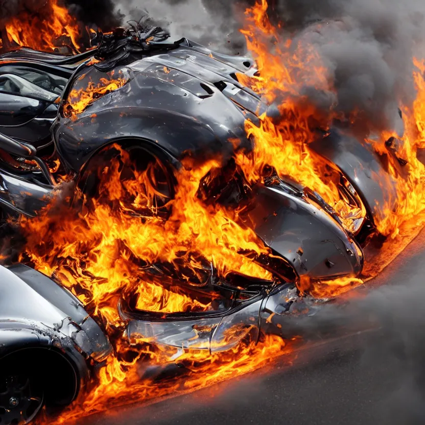 Image similar to close - up of a chrome pagani huayra on fire after a big crash, 8 k, highly detailed, realistic