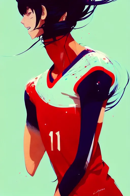 Prompt: a ultradetailed beautiful panting of a stylish girl in a volleyball jersey, by conrad roset, greg rutkowski and makoto shinkai, trending on artstation