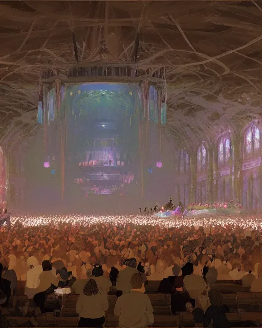 Image similar to craig mullins and ghibli digital illustration of a crowd in a futuristic church, priest, pews, ethereal, inviting, bright, raking light, unreal engine, hyper realism, realistic shading, cinematic composition, realistic render, octane render, detailed textures, photorealistic, wide shot