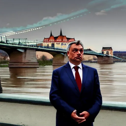 Image similar to viktor orban with highly detailed face standing on the bank of danube river, looking at the destroyed chain bridge in budapest, by edward hopper