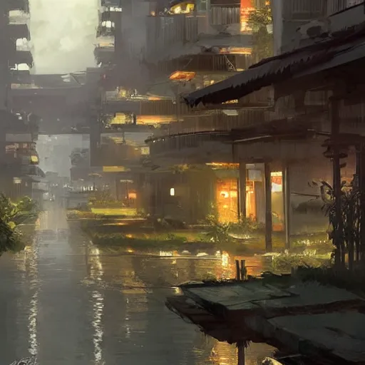 Image similar to Concept art of a HDB town from the 1990s in the evening, art by Greg Rutkowski, detailed, digital art