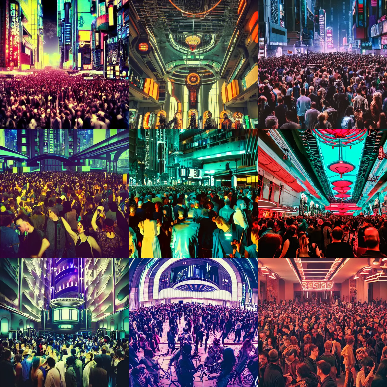 Prompt: beautiful photo of a cyberpunk Art Deco crowd