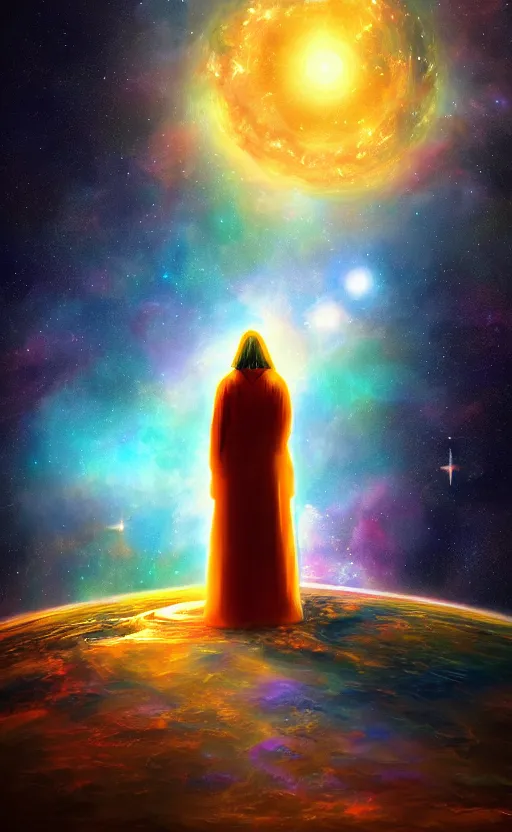 Image similar to Meeting God in the universe, digital art, trending on art station