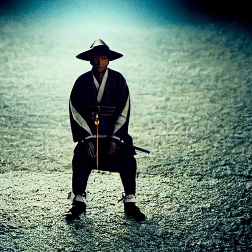 Prompt: cinematic film still Pharrell Williams starring as a Samurai with fire, Japanese CGI, VFX, 2003, 40mm lens, shallow depth of field,film photography