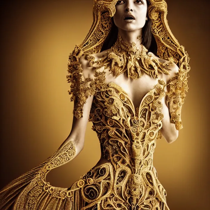 Image similar to photo portrait of a beautiful woman like a queen-dark -angel, dressed in long elegant intricate ornamental gold dress, intricate fractal ornament in the ,upper side of breast, bust with a very long neck , elegant, highly detailed intricate baroque ornament in her blond long hair, Realistic, Refined, Highly Detailed, Cinematic outdoor Lighting, fine art photography by Flora Borsi, volumetric lighting, natural colors scheme , hyper realistic photography