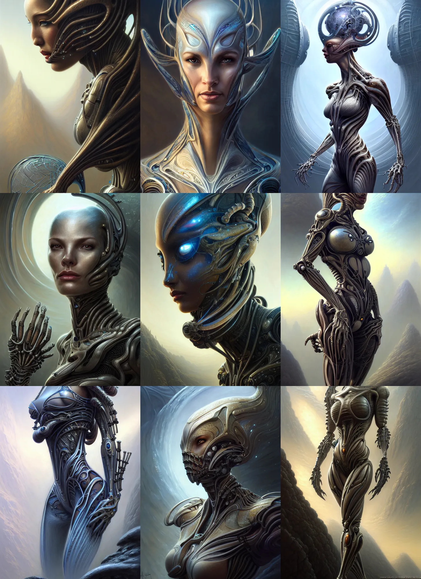 Image similar to closeup portrait shot of a female biomechanic woman in a scenic scifi environment, intricate, elegant, highly detailed, centered, digital painting, artstation, concept art, smooth, sharp focus, warframe, illustration, hr giger, tomasz alen kopera, peter mohrbacher, donato giancola, leyendecker, boris vallejo