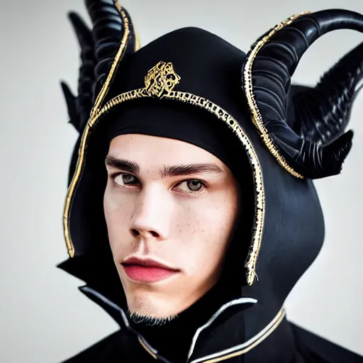 Prompt: medium face shot of adult Austin Butler dressed in futuristic-baroque black-prussian blue garb with embroidered Rams head emblem, and nanocarbon-vest, in an arena in Dune 2021, XF IQ4, f/1.4, ISO 200, 1/160s, 8K, face in-frame