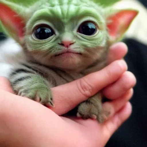 Image similar to a cute baby yoda-kitten hybrid in the palm of a person's hand and a real kitten in the other hand