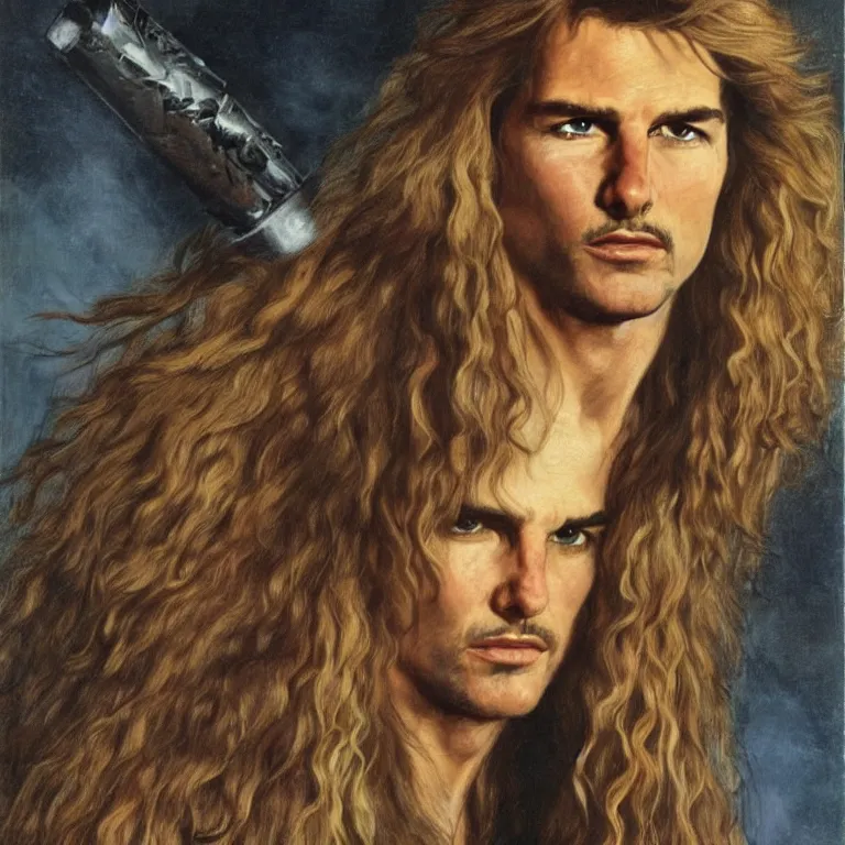 Image similar to Pre-Raphaelite portrait of Tom Cruise as the leader of a cult 1980s heavy metal band, with very long blond hair and grey eyes, high saturation