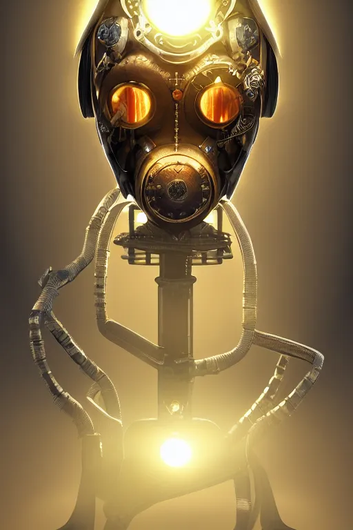 Image similar to steampunk mask minimalist fantasy art robot ninja helmet, global illumination ray tracing hdr fanart arstation by sung choi and eric pfeiffer and gabriel garza and casper konefal radiating a glowing aura