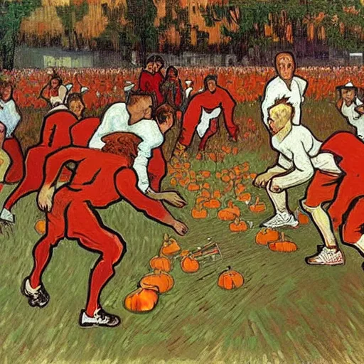 Prompt: painting of arkansas razorbacks playing football with pumpkins at the halloween! party, bubbling cauldron!, candles!, graveyard, gravestones, ghosts, smoke, autumn! colors, elegant, wearing suits!, clothes!, delicate facial features, art by alphonse mucha, vincent van gogh, egon schiele