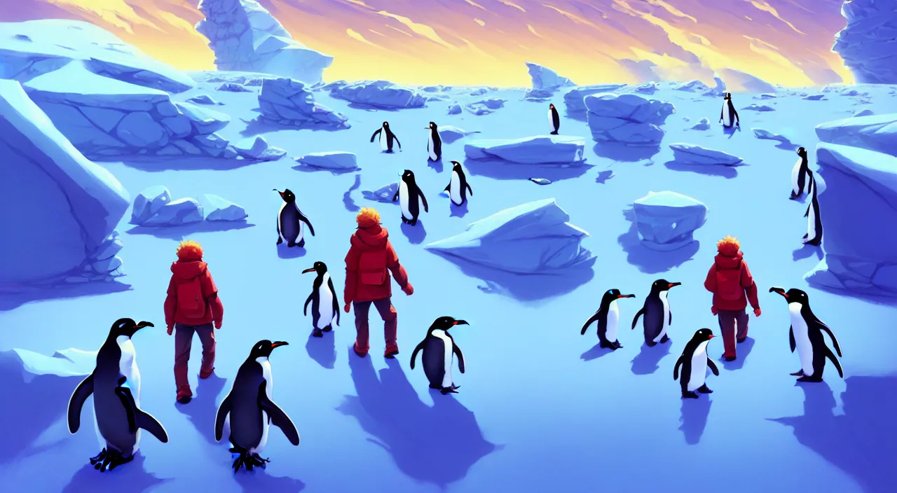 Image similar to incredible, mindblowing, man walking in antarctica with a family of penguins following, in marble incrusted of legends official fanart behance hd by jesper ejsing, by rhads, makoto shinkai and lois van baarle, ilya kuvshinov, rossdraws global illumination