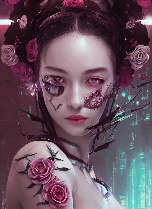 Image similar to portrait of a seductive female with roses, cyberpunk cyborg. roses, muted colors, sci - fi, intricate abstract upper body intricate artwork, by tooth wu, wlop, beeple, dan mumford. concept art, octane render, deviantart, greg rutkowski, cinematic arthouse, key art, hyper realism, iridescent accents