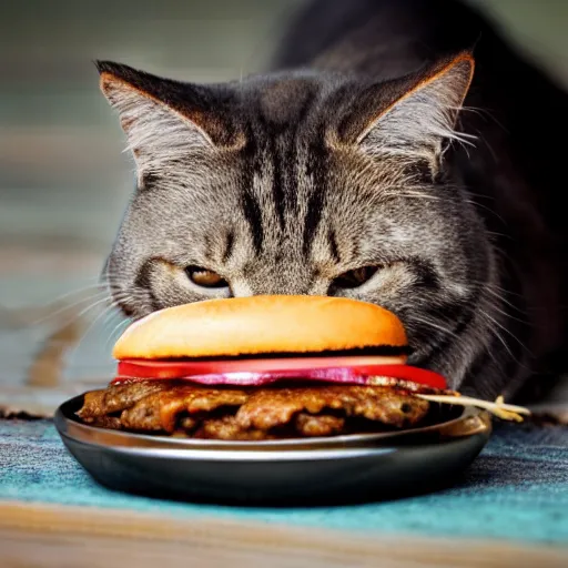 Image similar to fat cat eating a hamburger, dslr photo, high detail, high resolution