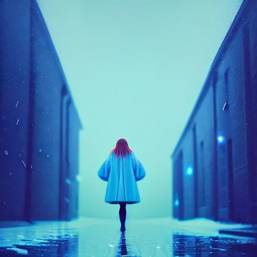 Image similar to frozen rain floating around a flying girl with long sky blue hair, low - angle shot from behind, blue coat, fur scarf, ultra fine detail, dark theme, realistic painting, photography, psychedelic, film still, cinematic, wlop, ilya kuvshinov, ismail inceoglu,