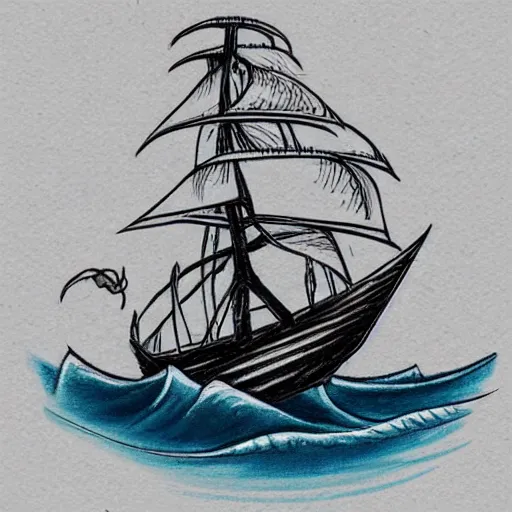 Image similar to a pirate ship sailing in the sea, realism tattoo design, amazing shades, clean white paper background, in the style of Matteo Pasqualin