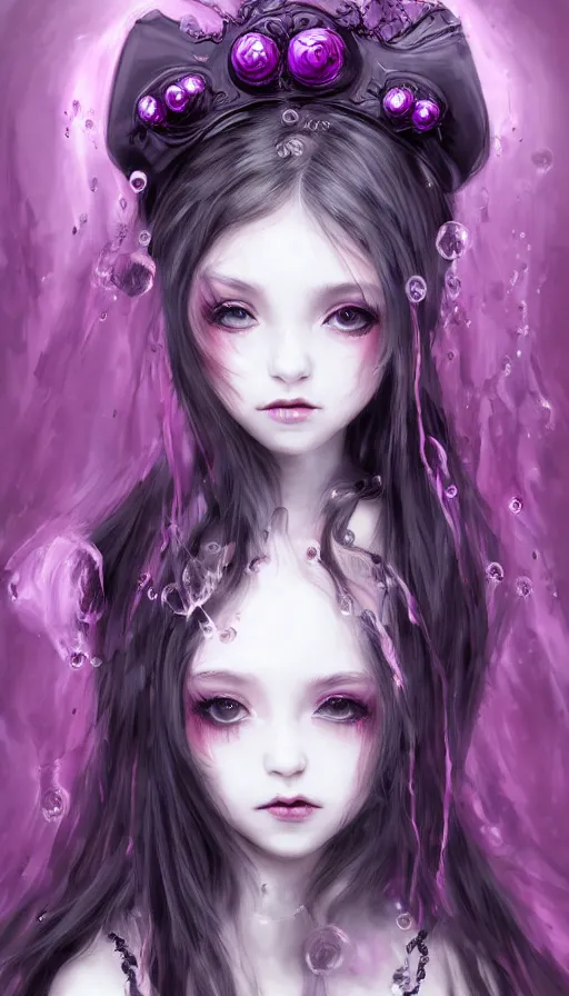 Image similar to gothic lolita girl portrait, dreamy and ethereal, expressive pose, big eyes, tender expression, exciting, fantasy, intricate, elegant, many rainbow bubbles, pink tones, purple, black very detailed, digital painting, artstation, concept art, cyberpunk wearing, soft, sharp focus, illustration, art by artgerm and greg rutkowskiand alphonse much