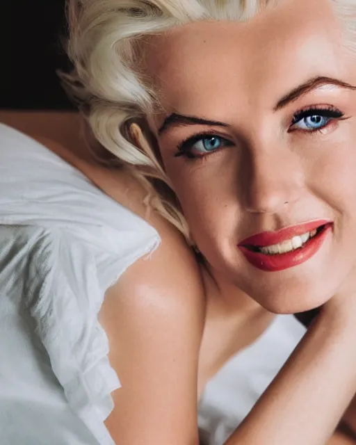 Image similar to Beautiful Head and shoulders portrait of smiling flirty seductive Marilyn monroe with platinum blonde hair, wearing a camisole by arney freytag, artstation, 35mm, fashion photoshoot, laying on a bed in a photo studio, golden hour, bokeh, rim lighting, fashion pose, octane, 4k