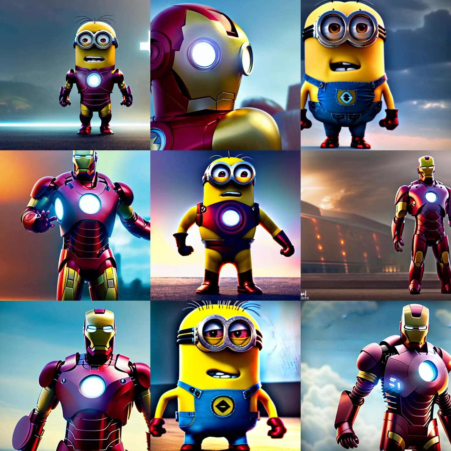 Image similar to minion iron man, full body, uhd, hyperrealistic render, pixar, 4 k, cyberpunk, cgsociety
