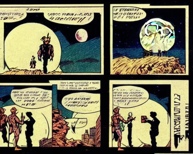 Image similar to three panels from a 1 9 3 0's comic book showing a cellphone, in front of a big moon, illustration, wide shot, muted colors, post grunge, concept art by josan gonzales and wlop, david rubin, mike mignola, laurie greasley, highly detailed, sharp focus, trending on artstation, hq, deviantart, art by artgem
