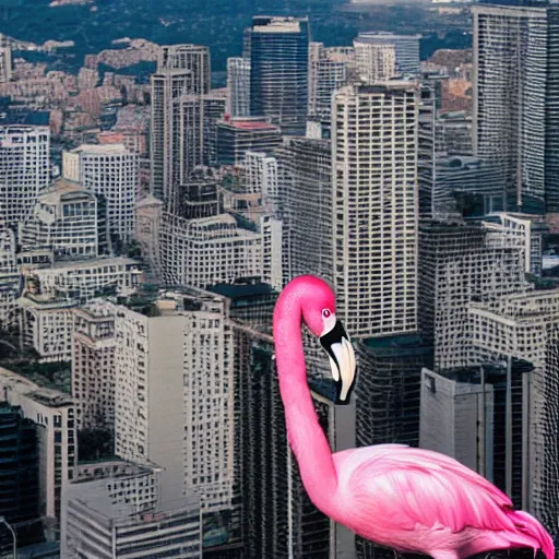 Prompt: photo of a giant real flamingo towering above a city